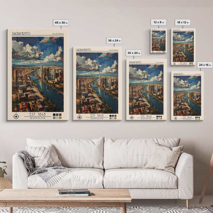 Sacramento Travel Poster, Framed Canvas Print, Travel Art Print, Modern Wall Decor, Retro Travel Print, Art Print, Colorful Wall Art