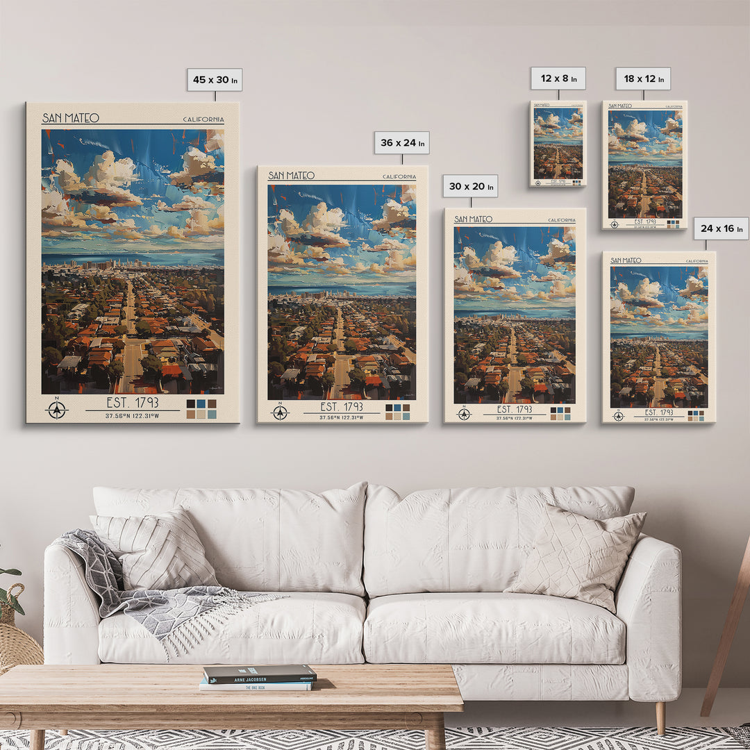 San Mateo Travel Poster, Framed Canvas Print, City Travel Poster, Travel Wall Decor, Home Decor, City Wall Art, Living Room Wall Art