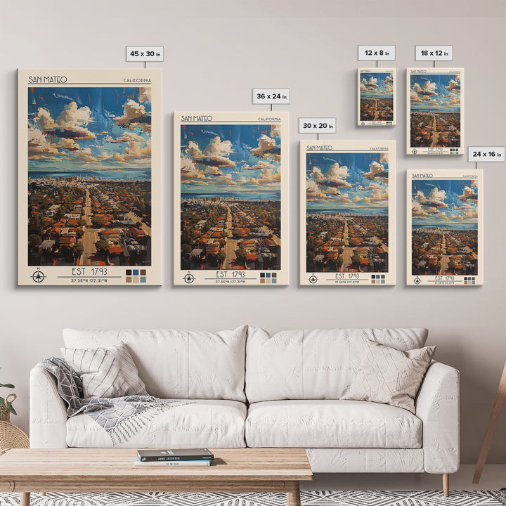 San Mateo Travel Poster, Framed Canvas Print, City Travel Poster, Travel Wall Decor, Home Decor, City Wall Art, Living Room Wall Art