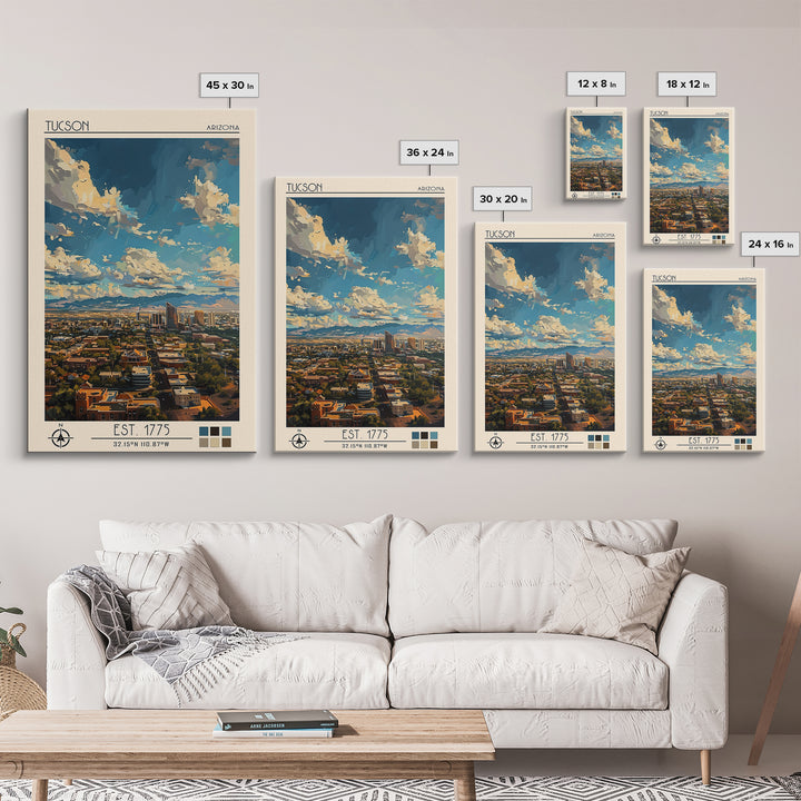 Tucson Travel Poster, Framed Canvas Print, Travel Prints, Landscape Art, Art Print, Retro Wall Art, City Illustration, City Wall Art