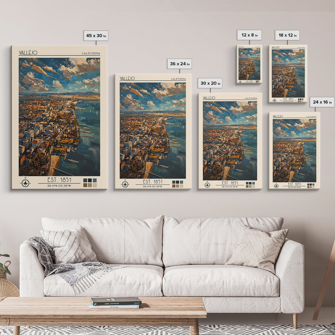 Vallejo Travel Poster, Framed Canvas Print, Travel Wall Decor, Minimalist Poster, Travel Print, Mid Century Wall Art, City Art Print