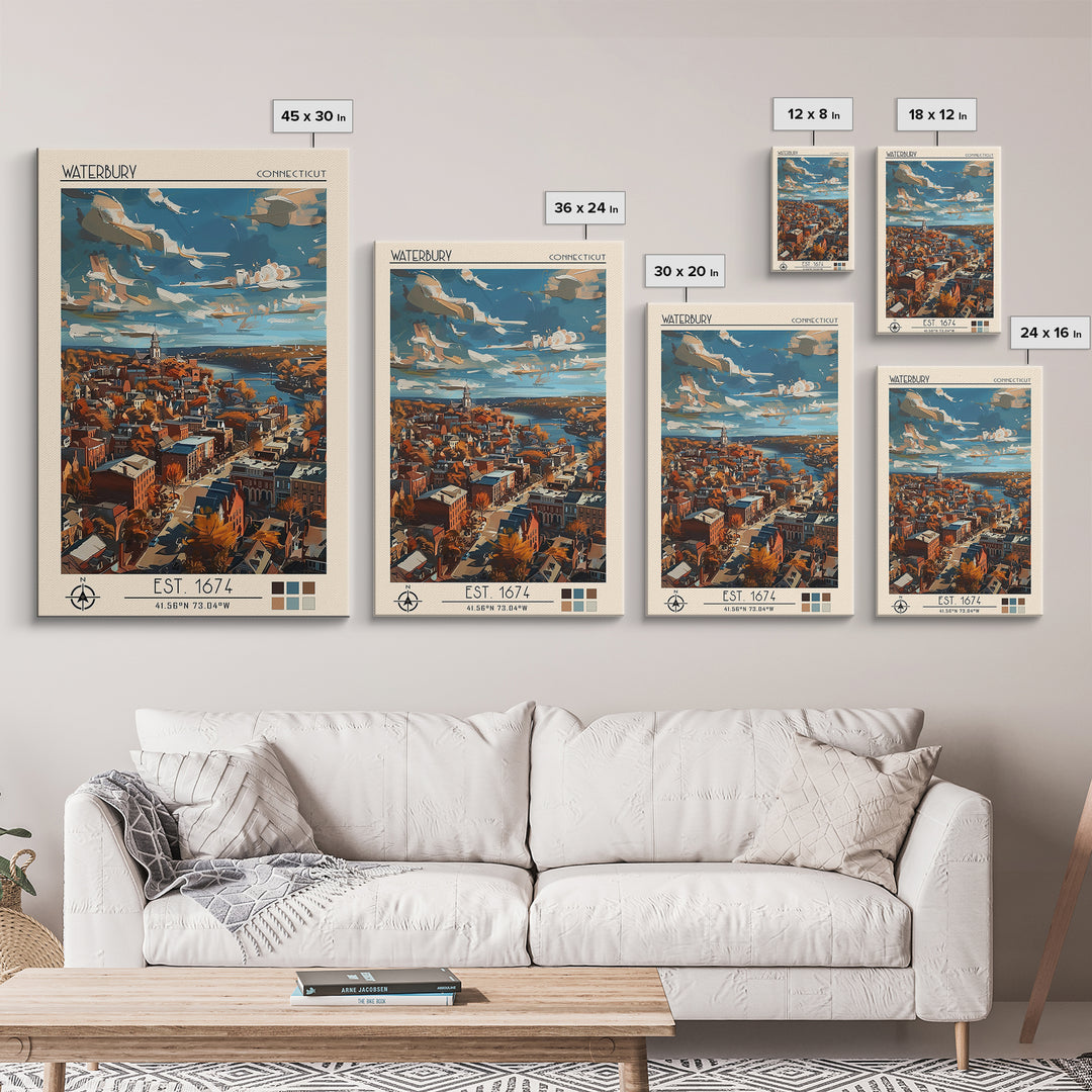 Waterbury Travel Poster, Framed Canvas Print, Travel Prints, Landscape Art, Vintage Travel, City Wall Art, Wall Art, Travel Wall Art