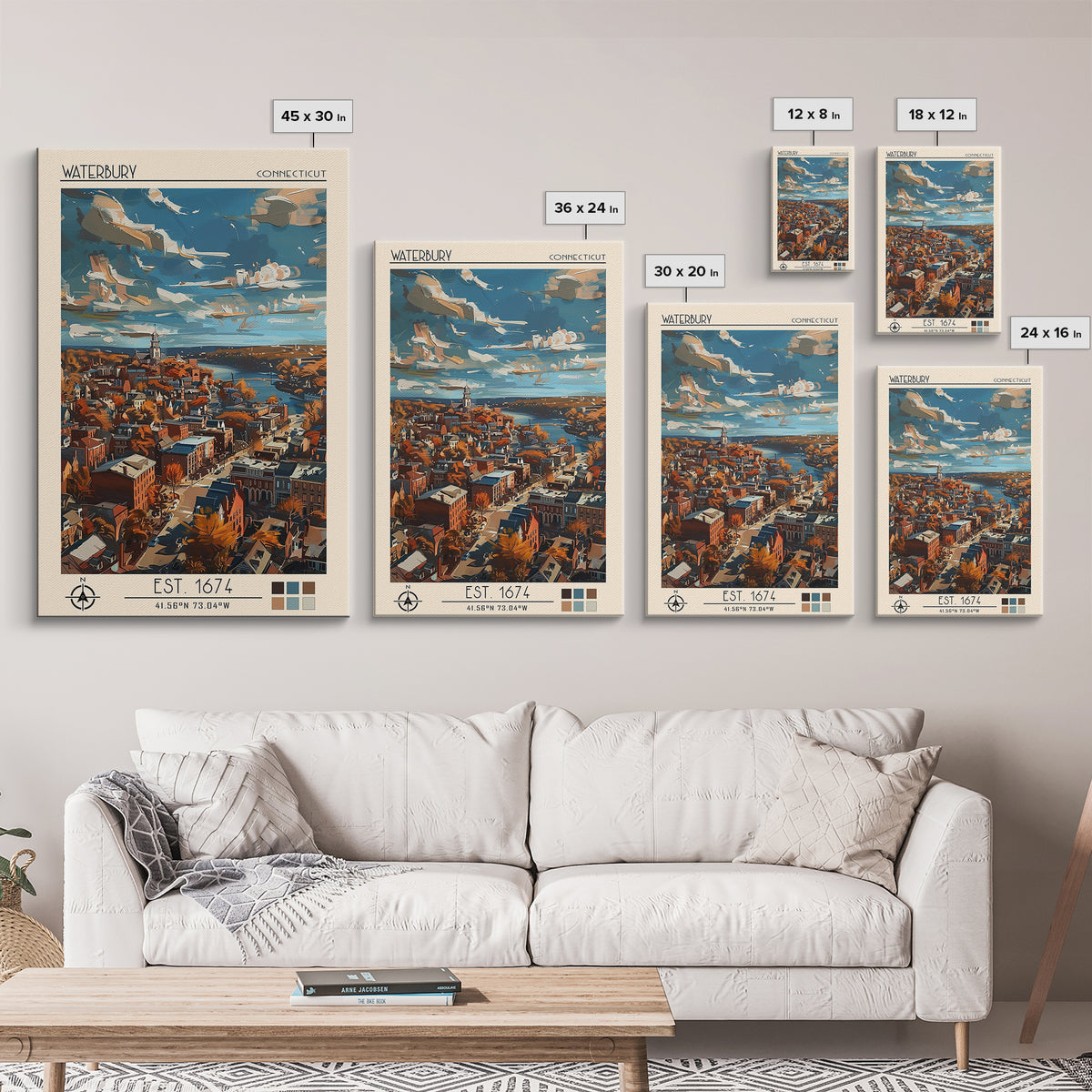 Waterbury Travel Poster, Framed Canvas Print, Travel Prints, Landscape Art, Vintage Travel, City Wall Art, Wall Art, Travel Wall Art
