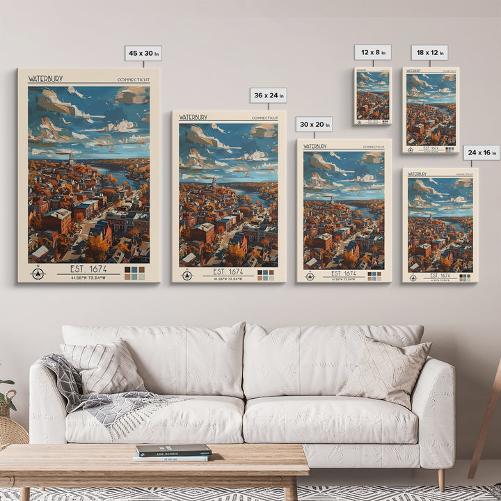 Waterbury Travel Poster, Framed Canvas Print, Travel Prints, Landscape Art, Vintage Travel, City Wall Art, Wall Art, Travel Wall Art
