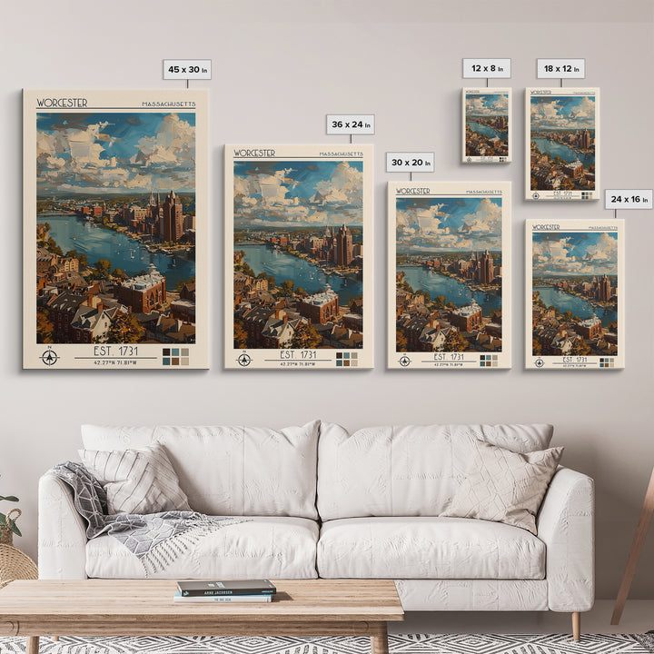 Worcester Travel Poster, Framed Canvas Print, Vintage Travel Print, City Wall Art, Retro Travel Poster, Poster Print, Fine Art Print