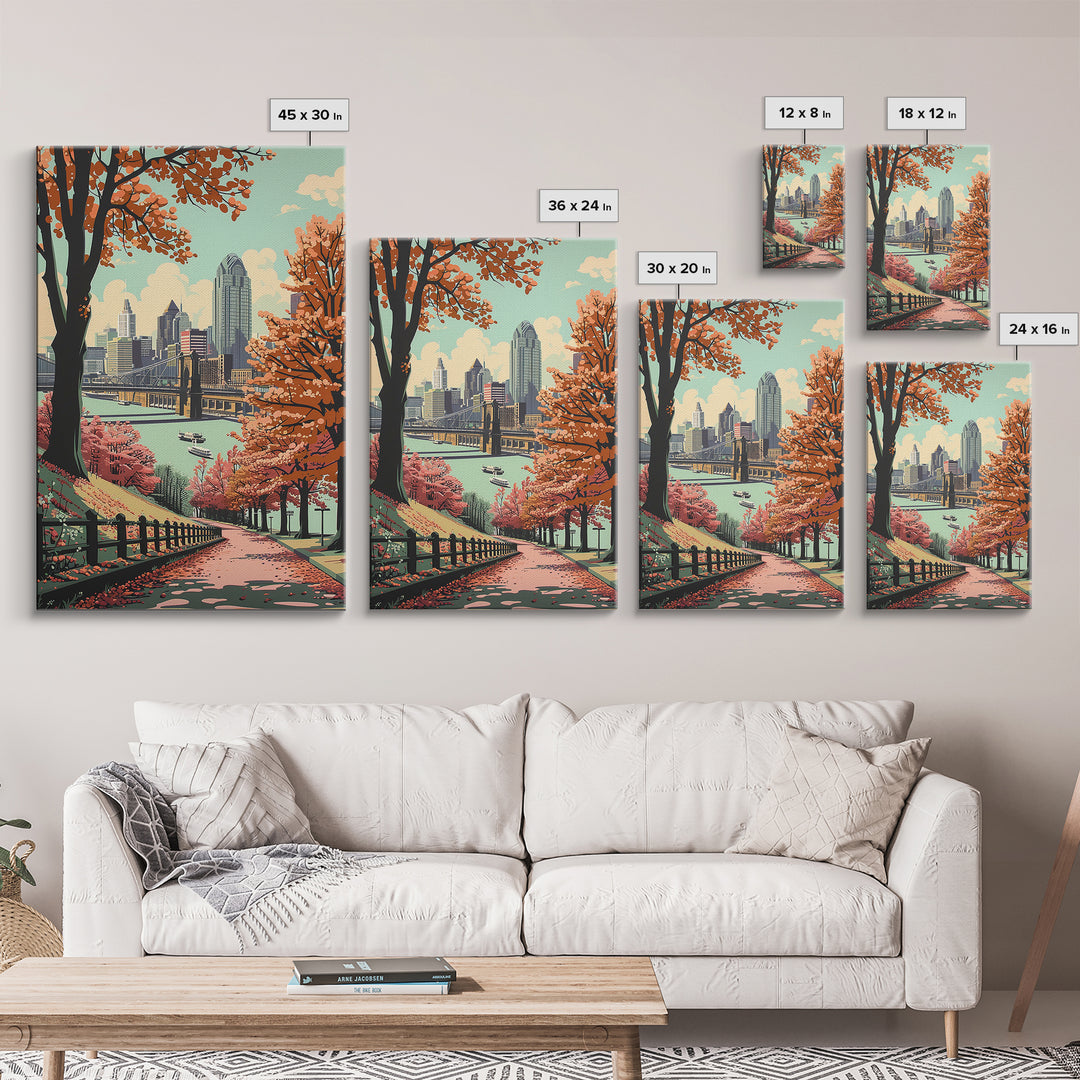 Cincinnati Travel Poster, Framed Canvas Print, Travel Wall Decor, Minimalist Poster, Fine Art Print, City Illustration, Travel Decor
