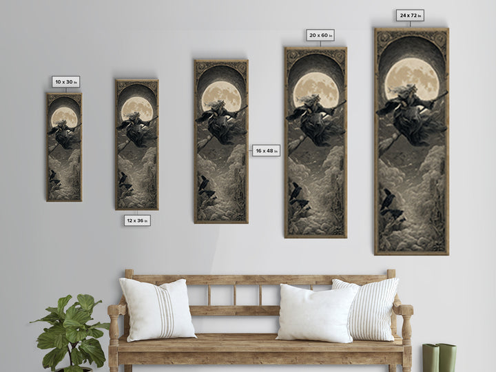 The Moonlit Witch, Gothic Engraving Art, Tall Narrow Wall Art, Dark Halloween Decor, Canvas Print, Halloween Wall Art