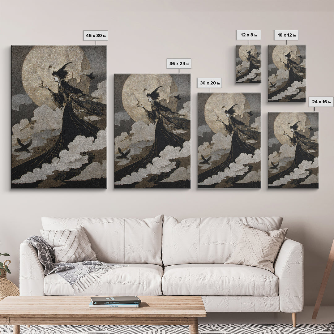 The Moonlit Witch, Stained Glass Gothic Art, Vertical Wall Art, Dark Fantasy Wall Art, Framed Canvas Print, Halloween Wall Art
