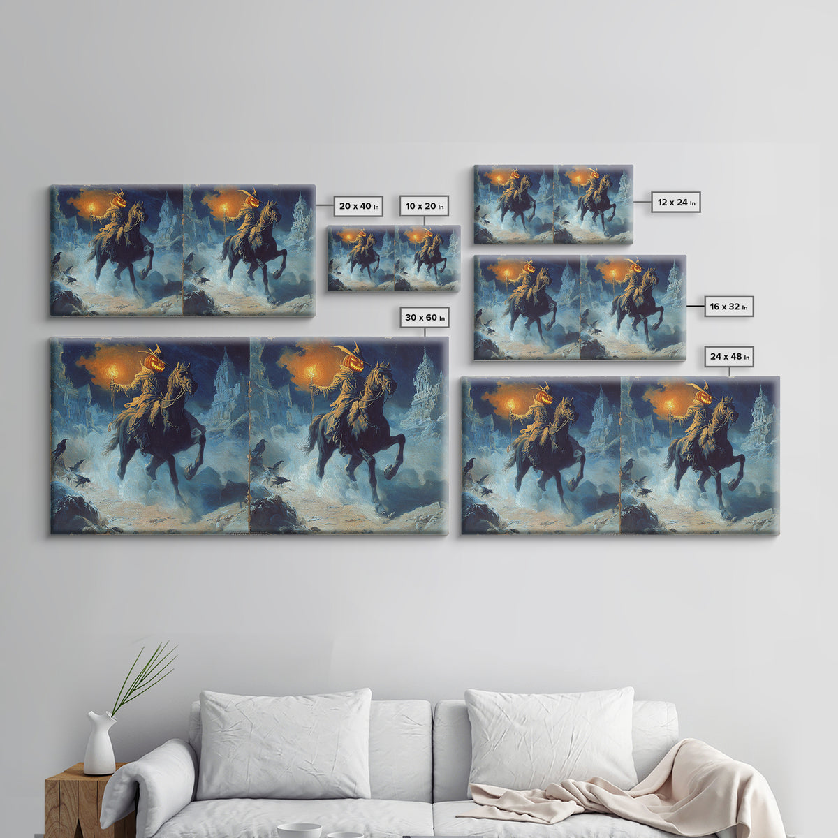 The Headless Horseman, Apocalyptic Romantic Art, Wide Panoramic Art, Gothic Horror Wall Art, Framed Canvas Print, Halloween Wall Art