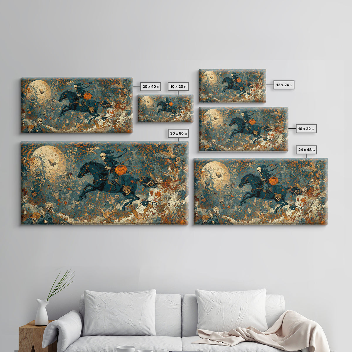 The Headless Horseman, Grotesque Carnival Art, Wide Panoramic Art, Dark Halloween Decor, Canvas Print, Halloween Wall Art