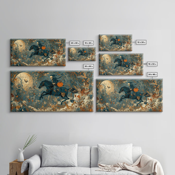 The Headless Horseman, Grotesque Carnival Art, Wide Panoramic Art, Dark Halloween Decor, Canvas Print, Halloween Wall Art