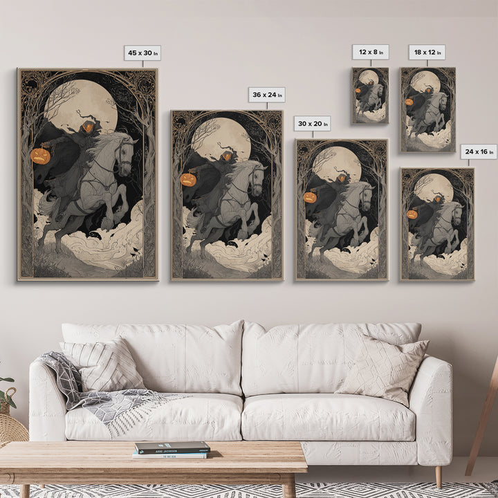 The Headless Horseman, Decadent Line Art, Vertical Wall Art, Gothic Horror Wall Art, Framed Canvas Print, Halloween Wall Art