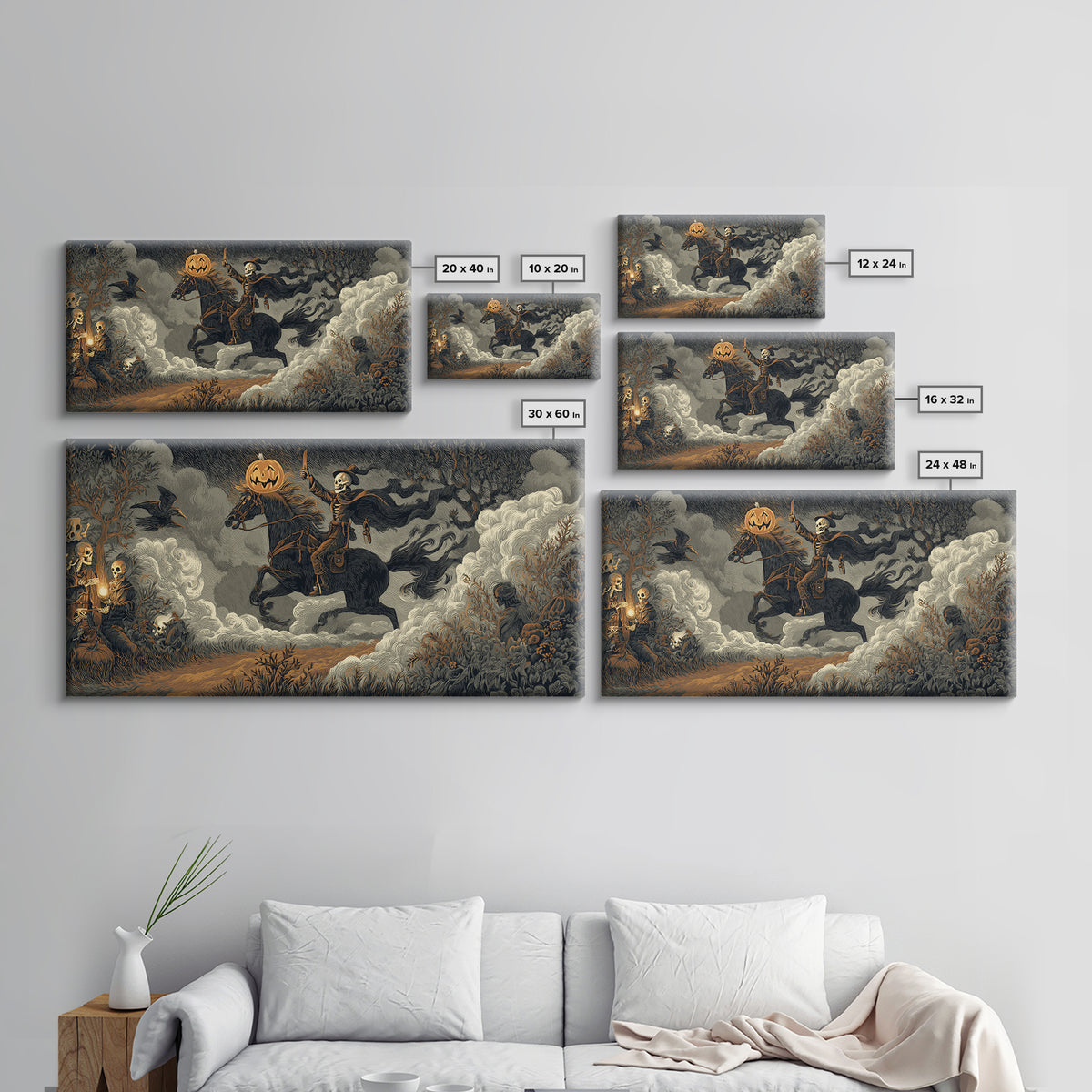 The Headless Horseman, Macabre Folk Print Art, Wide Panoramic Art, Gothic Horror Wall Art, Framed Canvas Print, Macabre Wall Art