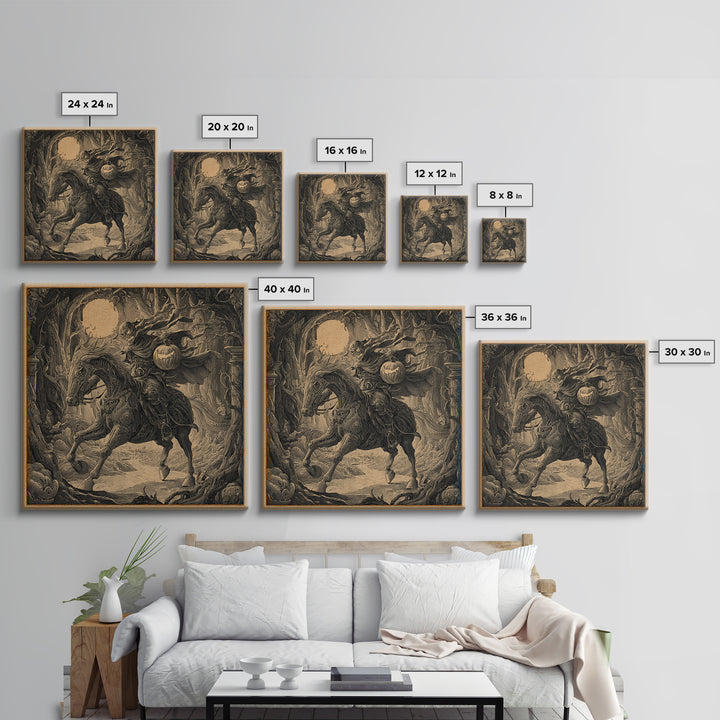 The Headless Horseman, Biomechanical Horror Art, Square Wall Art, Gothic Horror Wall Art, Framed Canvas Print, Halloween Wall Art