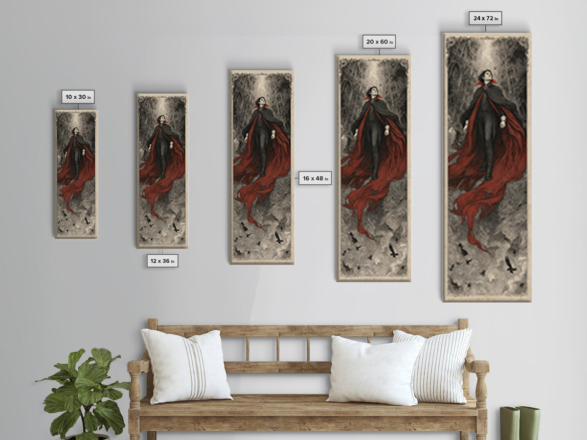 The Crimson Vampire, Gothic Engraving Art, Tall Narrow Wall Art, Dark Halloween Decor, Framed Canvas Print, Halloween Wall Art
