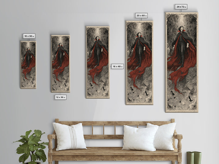 The Crimson Vampire, Gothic Engraving Art, Tall Narrow Wall Art, Dark Halloween Decor, Framed Canvas Print, Halloween Wall Art