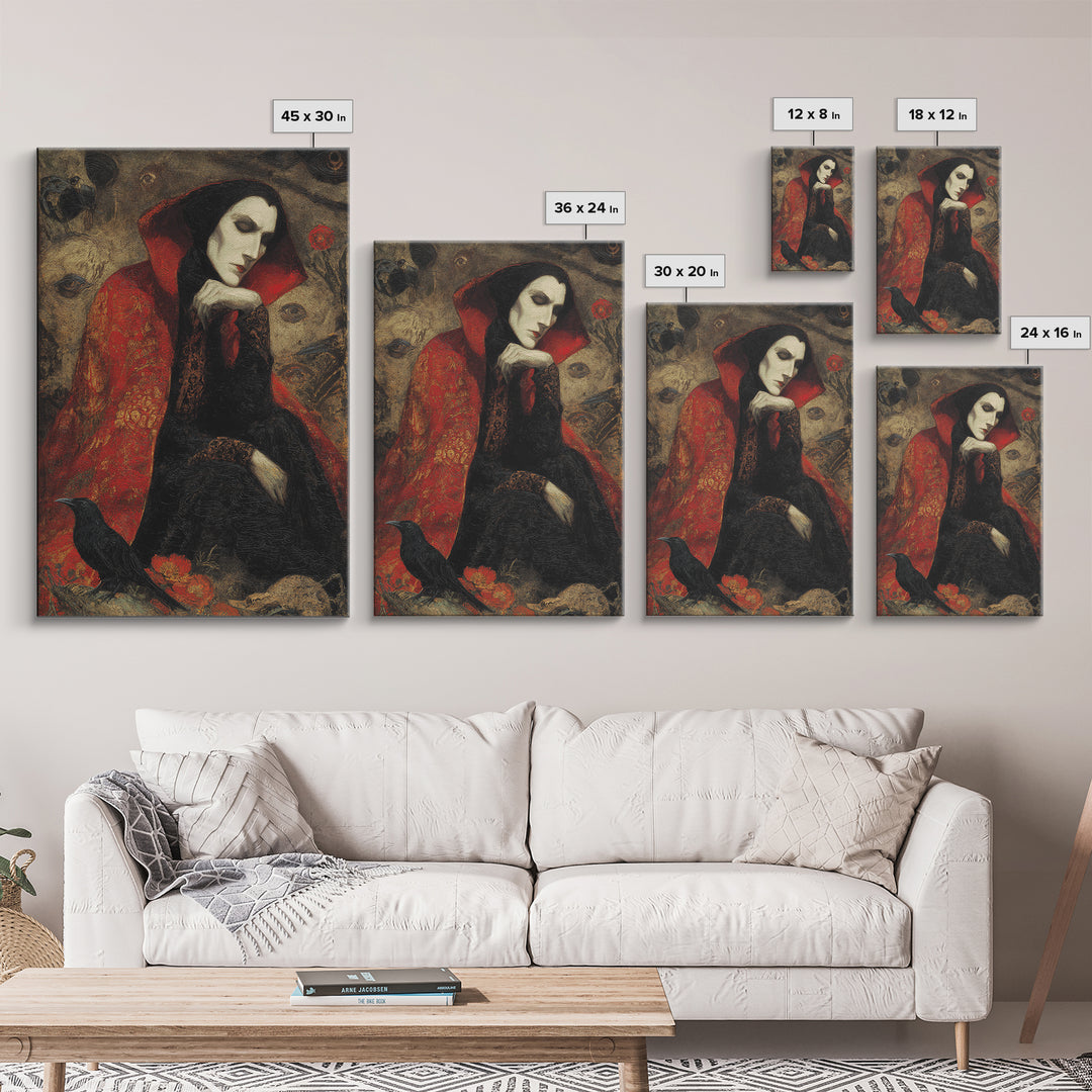 The Crimson Vampire, Symbolist Dream Art, Vertical Wall Art, Macabre Wall Art, Framed Canvas Print, Halloween Wall Art