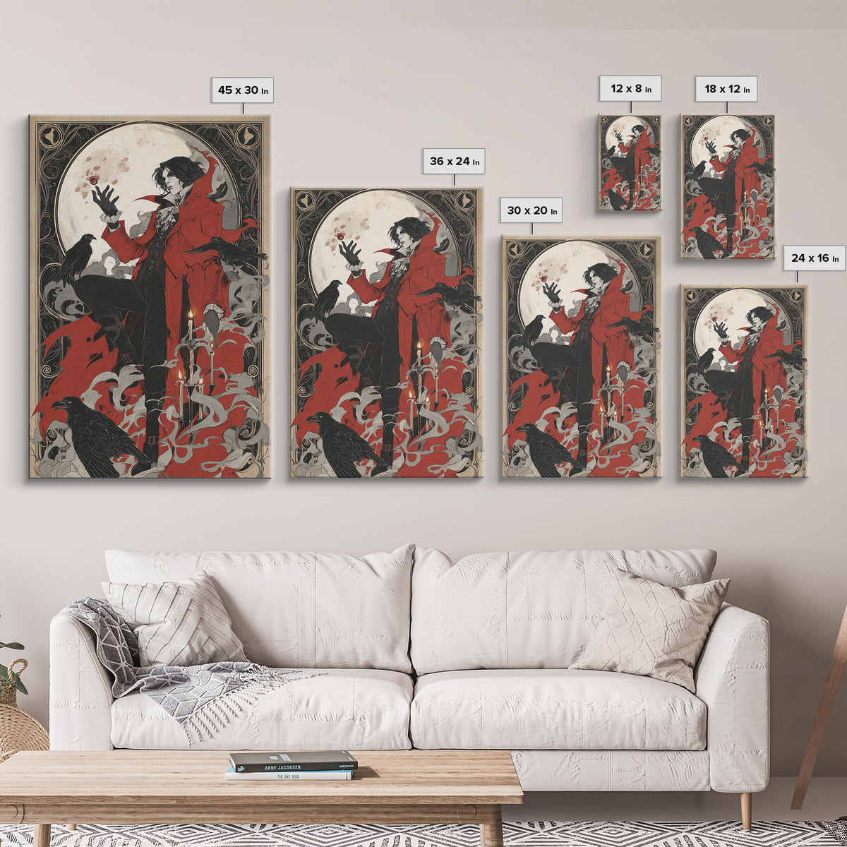 The Crimson Vampire, Decadent Line Art, Vertical Wall Art, Dark Fantasy Wall Art, Framed Canvas Print, Halloween Wall Art