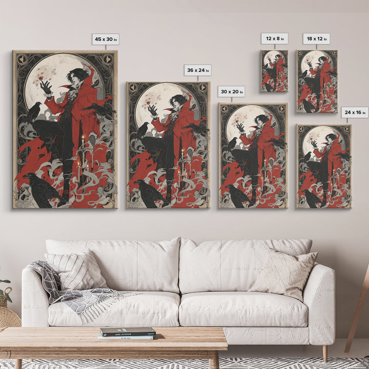 The Crimson Vampire, Decadent Line Art, Vertical Wall Art, Dark Fantasy Wall Art, Framed Canvas Print, Halloween Wall Art