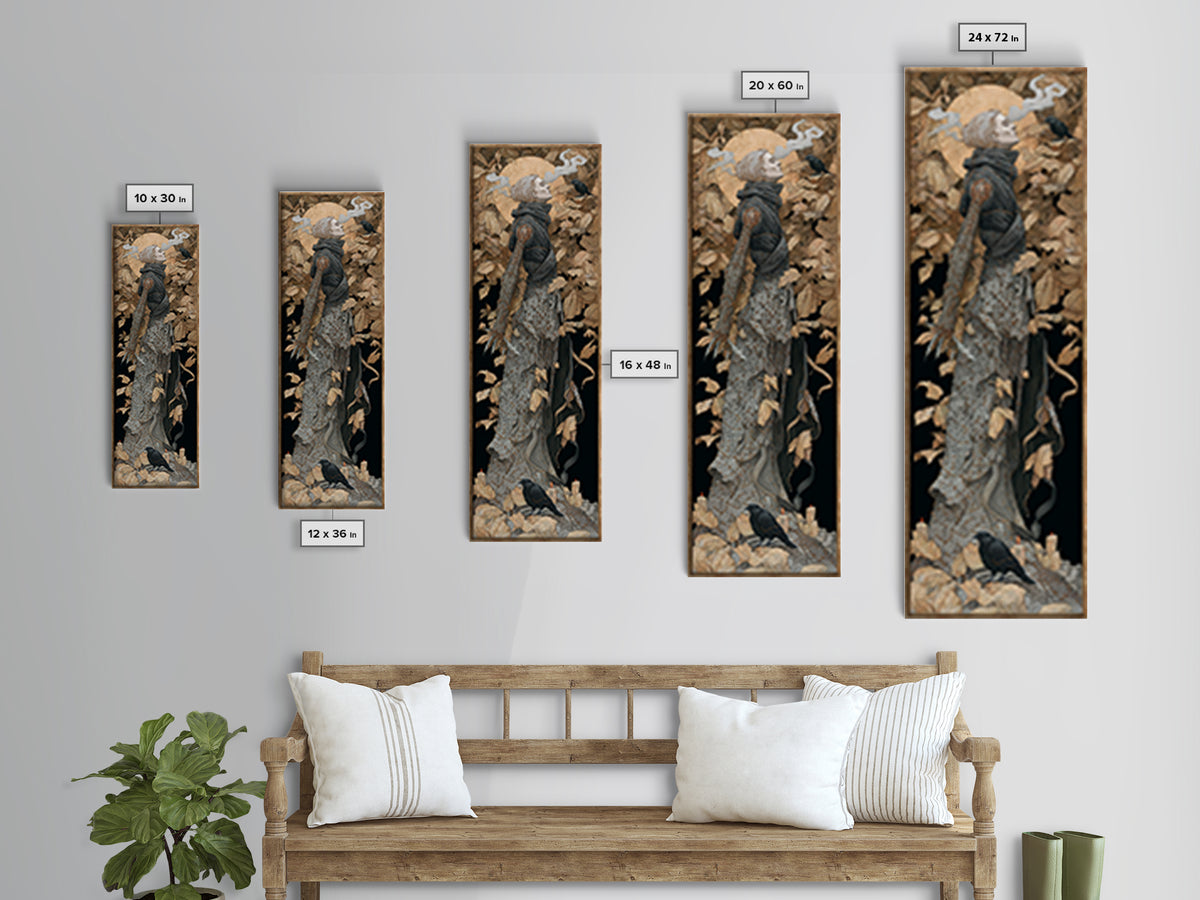 The Stitched Giant, Symbolist Death Art, Tall Narrow Wall Art, Dark Halloween Decor, Framed Canvas Print, Halloween Wall Art