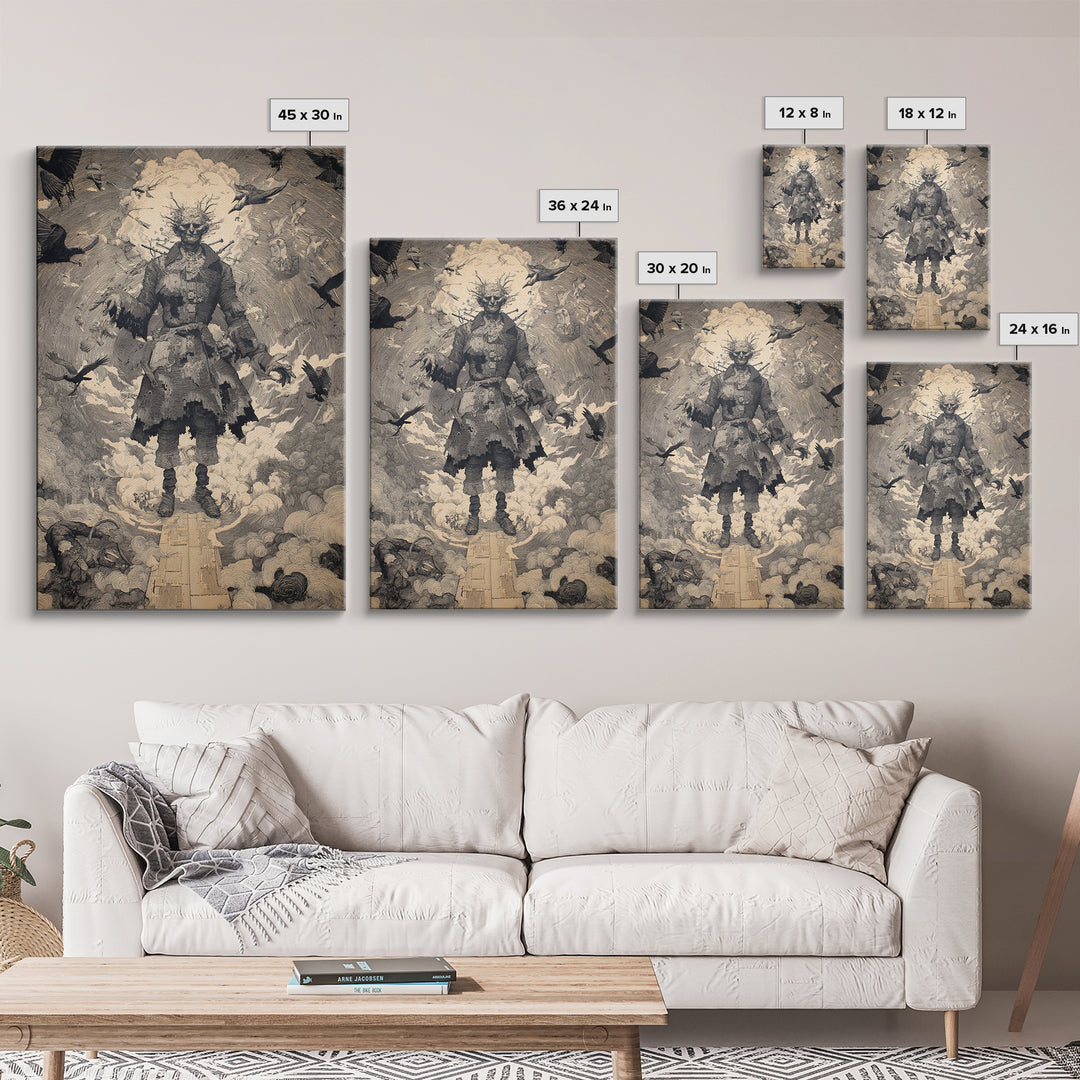 The Stitched Giant, Symbolist Etching Art, Vertical Wall Art, Dark Halloween Decor, Canvas Print, Halloween Wall Art, Dark Fantasy Art