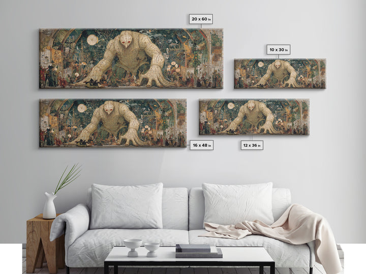 The Stitched Giant, Grotesque Carnival Art, Extra Wide Wall Art, Dark Halloween Decor, Framed Canvas Print, Halloween Wall Art
