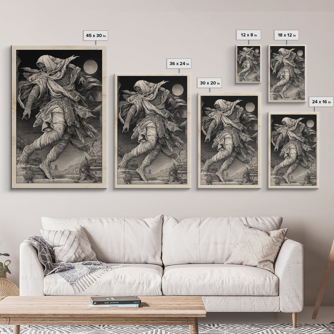 The Mummy Pharaoh, Renaissance Engraving Art, Vertical Wall Art, Dark Fantasy Wall Art, Framed Canvas Print, Halloween Wall Art