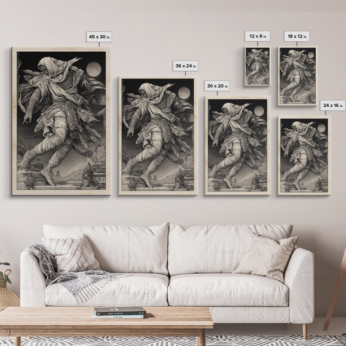 The Mummy Pharaoh, Renaissance Engraving Art, Vertical Wall Art, Dark Fantasy Wall Art, Framed Canvas Print, Halloween Wall Art