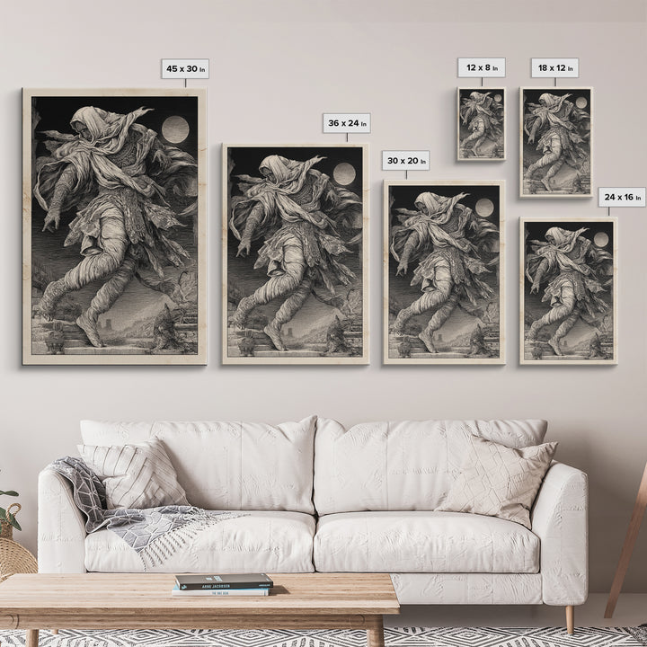 The Mummy Pharaoh, Renaissance Engraving Art, Vertical Wall Art, Dark Fantasy Wall Art, Framed Canvas Print, Halloween Wall Art