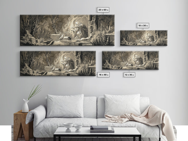 The Graveyard Ghost, Medieval Grotesque Art, Extra Wide Wall Art, Gothic Horror Wall Art, Canvas Print, Halloween Wall Art