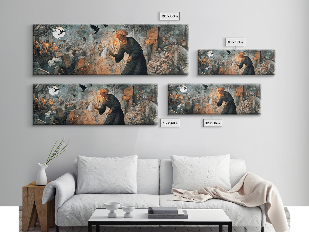 The Graveyard Ghost, Northern Renaissance Horror, Extra Wide Wall Art, Macabre Wall Art, Canvas Print, Halloween Wall Art