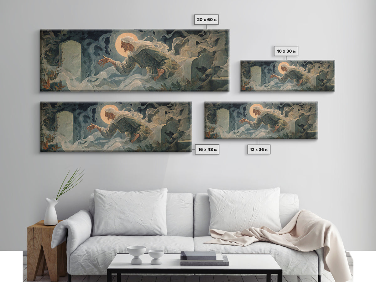 The Graveyard Ghost, Dark Renaissance Art, Extra Wide Wall Art, Dark Halloween Decor, Canvas Print, Halloween Wall Art
