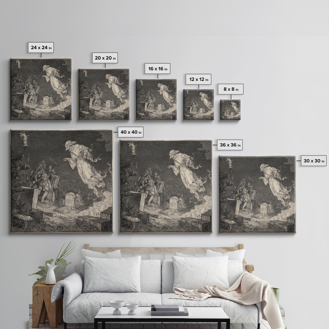 The Graveyard Ghost, Renaissance Engraving Art, Square Wall Art, Gothic Horror Wall Art, Canvas Print, Halloween Wall Art