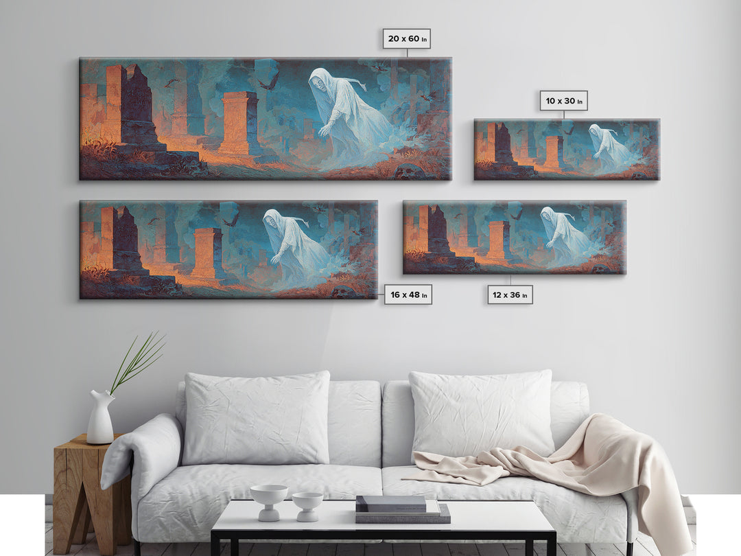 The Graveyard Ghost, Apocalyptic Romantic Art, Extra Wide Wall Art, Dark Halloween Decor, Canvas Print, Halloween Wall Art, Dark Fantasy Art
