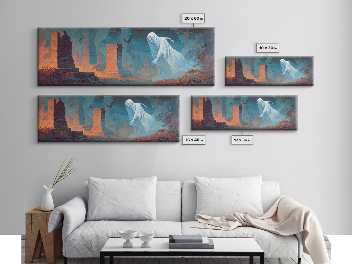 The Graveyard Ghost, Apocalyptic Romantic Art, Extra Wide Wall Art, Dark Halloween Decor, Canvas Print, Halloween Wall Art, Dark Fantasy Art