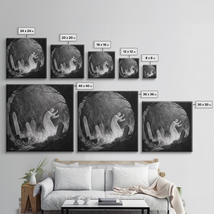 The Graveyard Ghost, Symbolist Dream Art, Square Wall Art, Dark Halloween Decor, Framed Canvas Print, Halloween Wall Art