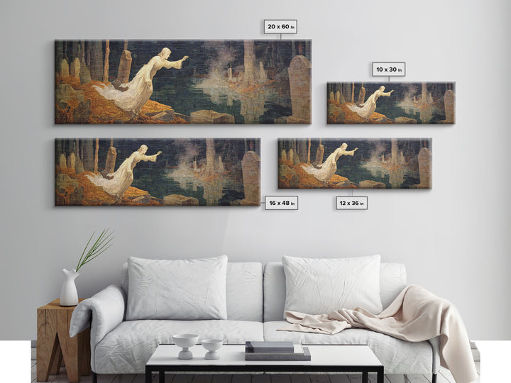 The Graveyard Ghost, Symbolist Gothic Landscape, Extra Wide Wall Art, Dark Fantasy Wall Art, Framed Canvas Print, Halloween Wall Art