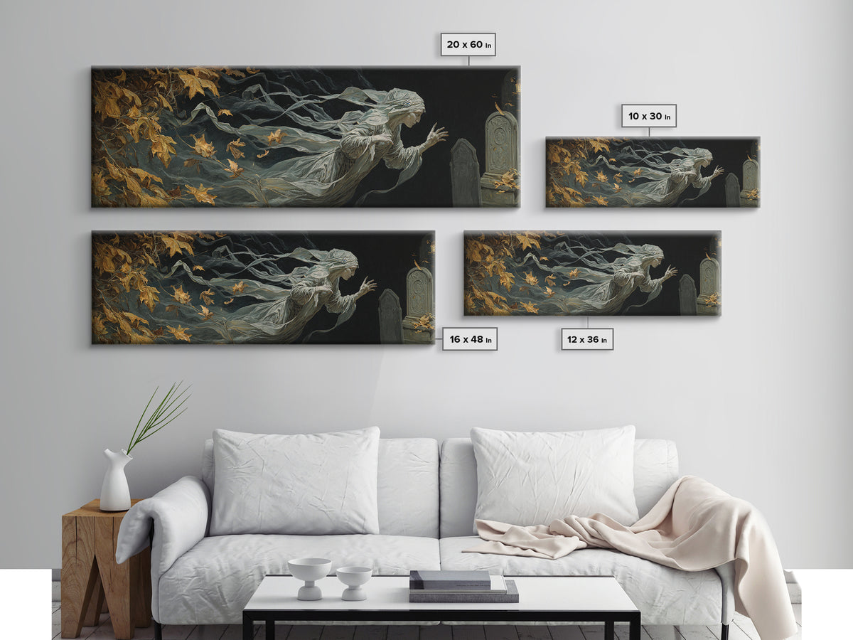The Graveyard Ghost, Ornate Symbolist Art, Extra Wide Wall Art, Dark Fantasy Wall Art, Framed Canvas Print, Halloween Wall Art