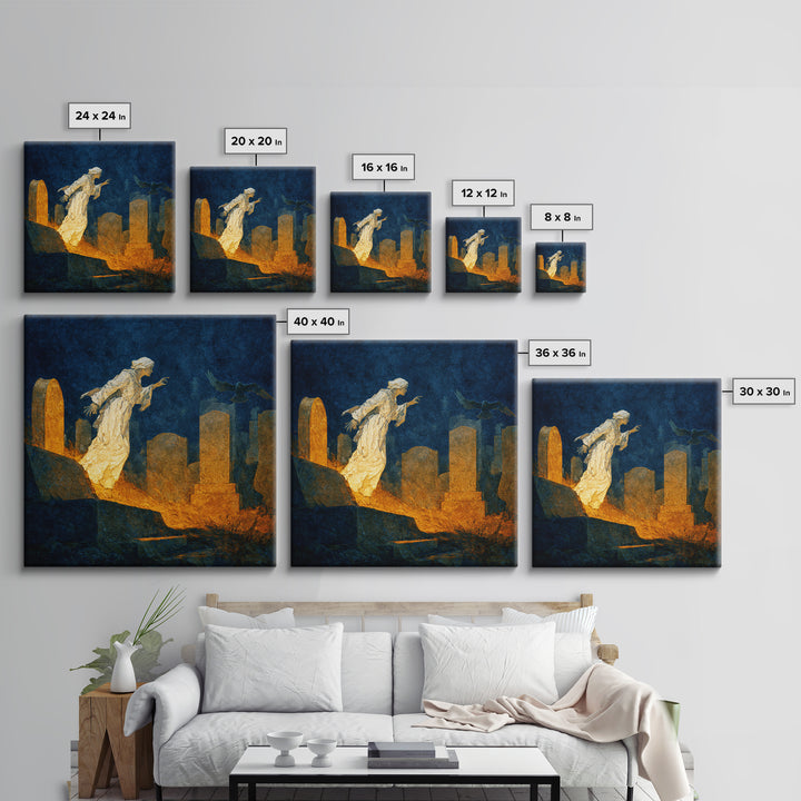 The Graveyard Ghost, Dark Symbolist Art, Square Wall Art, Gothic Horror Wall Art, Framed Canvas Print, Halloween Wall Art