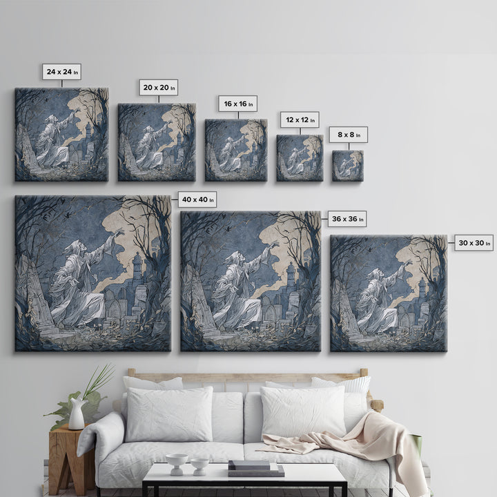 The Graveyard Ghost, Symbolist Etching Art, Square Wall Art, Macabre Wall Art, Framed Canvas Print, Halloween Wall Art, Gothic Home Decor