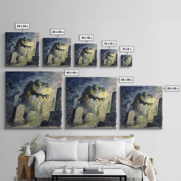 The Graveyard Ghost, Expressionist Nightmare Art, Square Wall Art, Dark Halloween Decor, Framed Canvas Print, Halloween Wall Art
