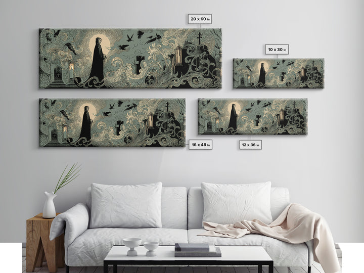 The Graveyard Ghost, Decadent Line Art, Extra Wide Wall Art, Dark Fantasy Wall Art, Framed Canvas Print, Halloween Wall Art