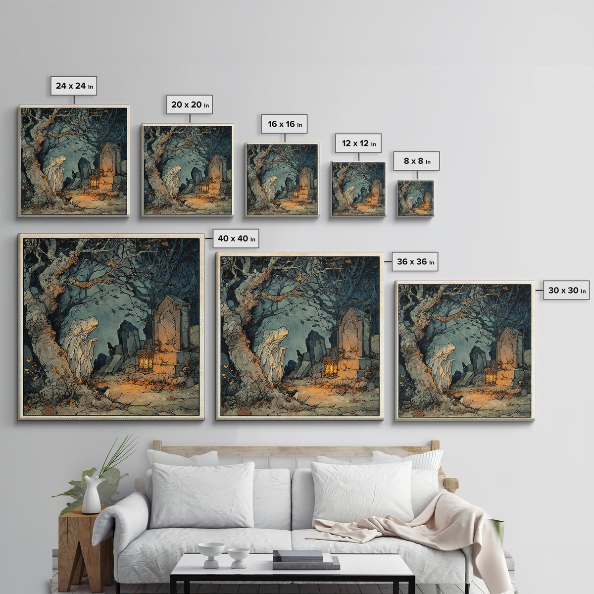 The Graveyard Ghost, Gothic Storybook Art, Square Wall Art, Dark Fantasy Wall Art, Canvas Print, Halloween Wall Art
