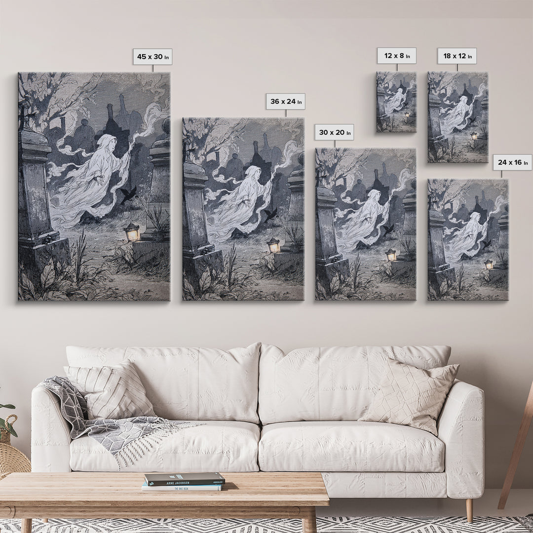 The Graveyard Ghost, Victorian Macabre Art, Vertical Wall Art, Dark Halloween Decor, Canvas Print, Halloween Wall Art