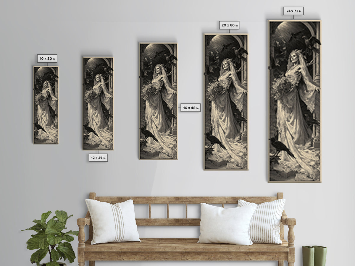 The Skeletal Bride, Gothic Engraving Art, Tall Narrow Wall Art, Gothic Horror Wall Art, Canvas Print, Halloween Wall Art