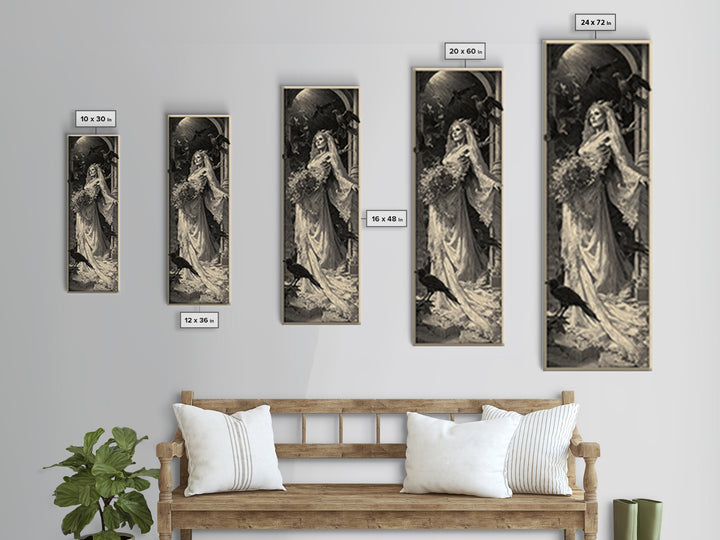 The Skeletal Bride, Gothic Engraving Art, Tall Narrow Wall Art, Gothic Horror Wall Art, Canvas Print, Halloween Wall Art