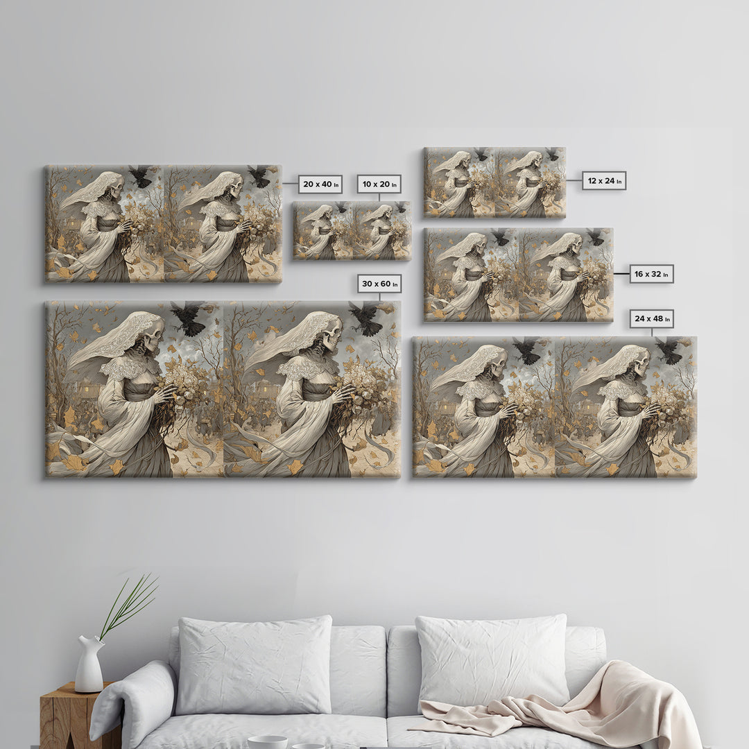 The Skeletal Bride, Northern Renaissance Horror, Wide Panoramic Art, Dark Fantasy Wall Art, Canvas Print, Halloween Wall Art