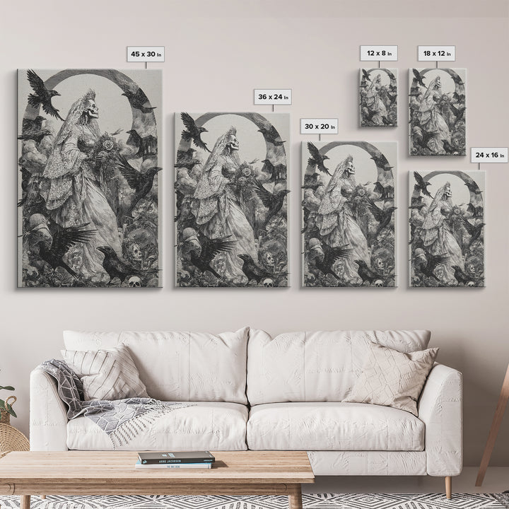 The Skeletal Bride, Renaissance Engraving Art, Vertical Wall Art, Macabre Wall Art, Framed Canvas Print, Halloween Wall Art