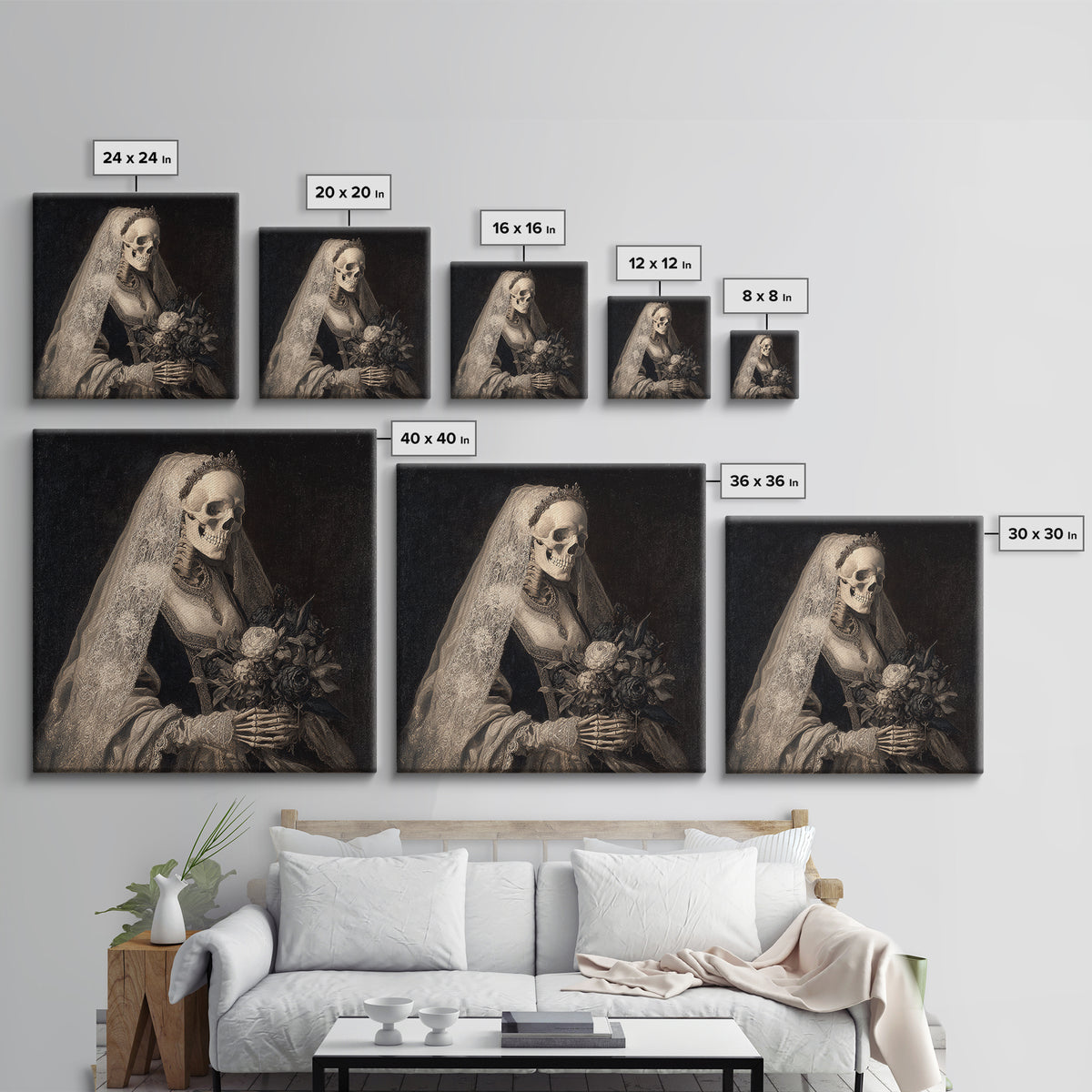 The Skeletal Bride, Danse Macabre Art, Square Wall Art, Macabre Wall Art, Canvas Print, Halloween Wall Art