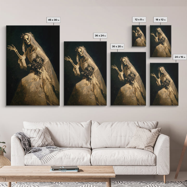 The Skeletal Bride, Dark Romantic Horror Art, Vertical Wall Art, Gothic Horror Wall Art, Framed Canvas Print, Halloween Wall Art
